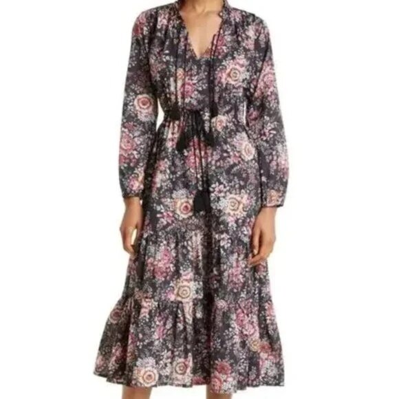 Mille Astrid Tassel Midi Dress Size M Bloomsbury Floral Long Sleeve Pockets - Picture 2 of 15